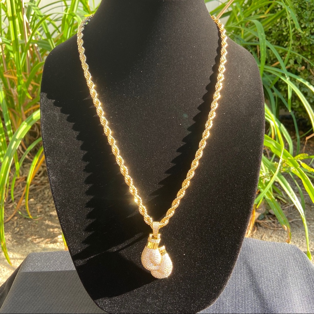 Gold Chain Rope Chain 6mm and Icy Boxing Gloves Charm Pendant